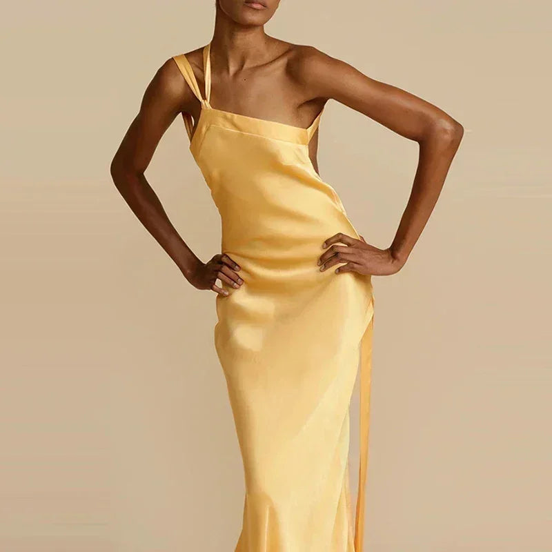 2024 Spring Sexy Inclined Shoulder Party Dress Women High Waist Satin Boho Long Dress Summer Backless Hollow Bandage Maxi Dress Femstylo