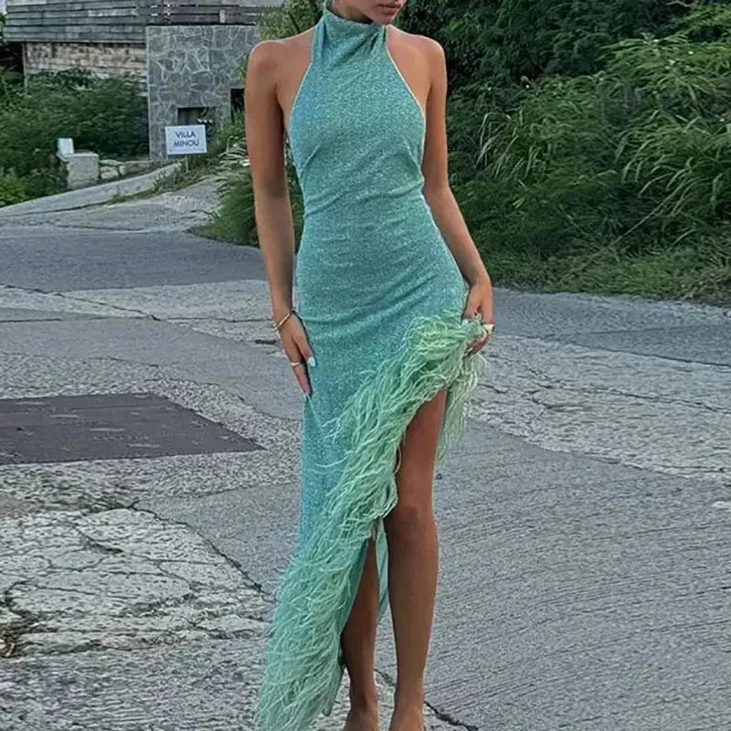 Sexy Sleeveless Hollow Irregular Long Dress Fashion Backless Slim Fit Party Dress Lady Elegant Feather Patchwork Suspender Dress Femstylo
