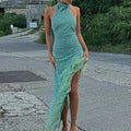 Sexy Sleeveless Hollow Irregular Long Dress Fashion Backless Slim Fit Party Dress Lady Elegant Feather Patchwork Suspender Dress Femstylo