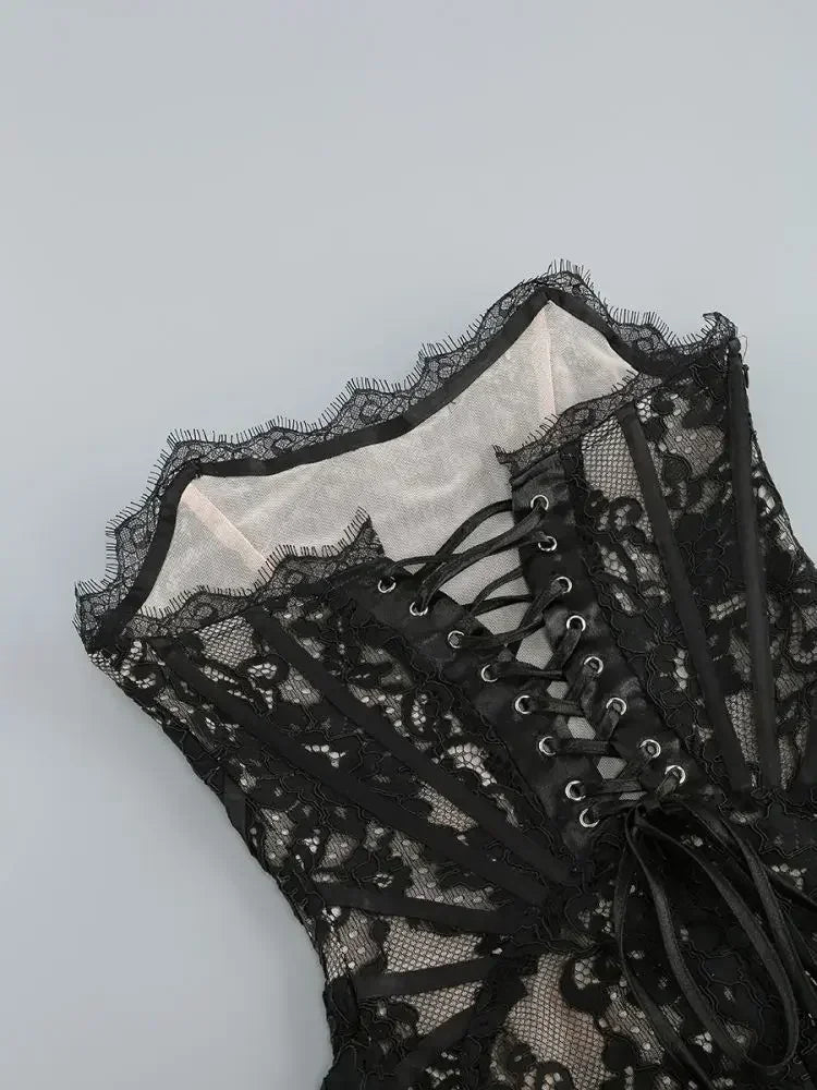 TARUXY Sexy Lace See-through Patchwork Corset Dress Female Bodycon Elegant Party MIrrgualr Mini Dress Women Tube Top Dress New Femstylo