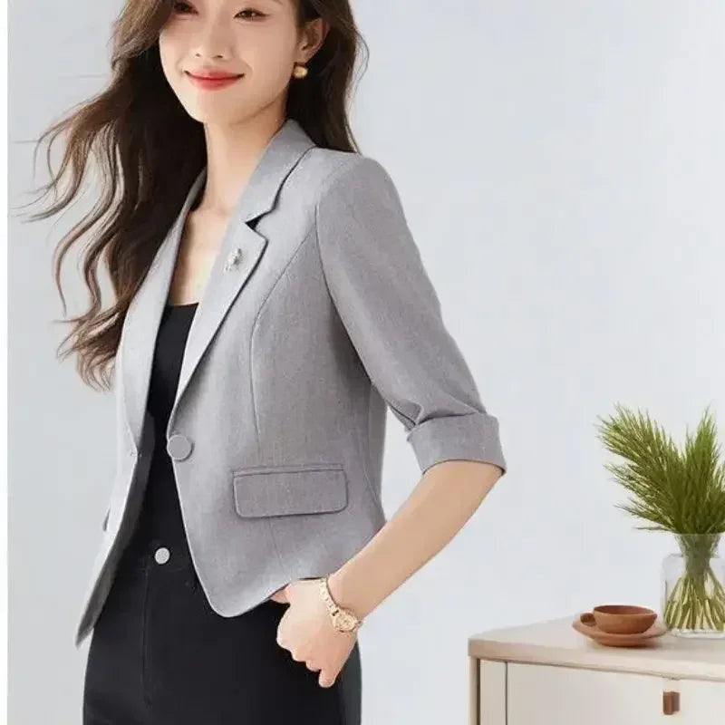 Black Women Blazer Slim Blazer Office Lady Work Suit Cropped Jacket Spring Summer Short Top Design Casual Coats Mujer One Button Femstylo