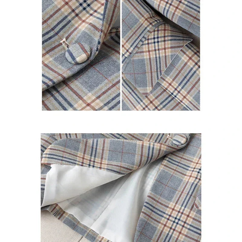 Gray Striped Plaid Blazer Jacket Women's Fashion Slim Coats V-Neck Single Button Ladies Blazers S-XXXXXL Femstylo