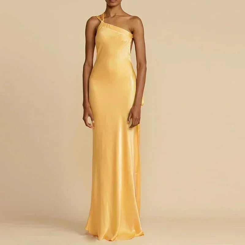 2024 Spring Sexy Inclined Shoulder Party Dress Women High Waist Satin Boho Long Dress Summer Backless Hollow Bandage Maxi Dress Femstylo