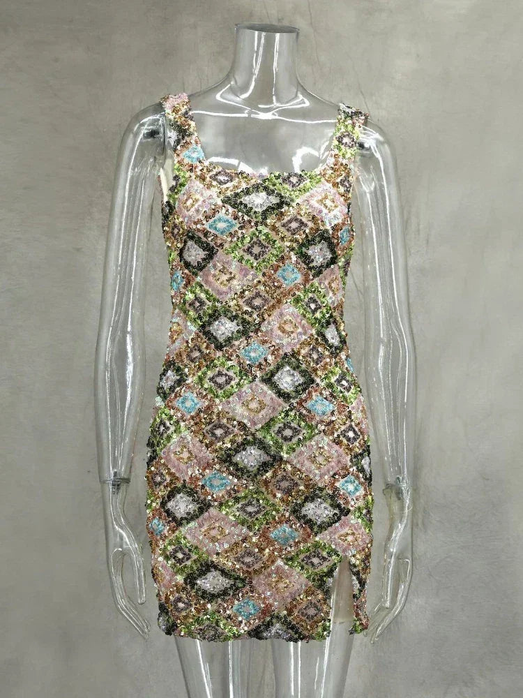 Colorful Rhombus Sequins Sexy Mini Dress Elegant Chic Straps Slit Bodycon Party Dresses Summer Holidays Evening Women Dress 2025 Femstylo