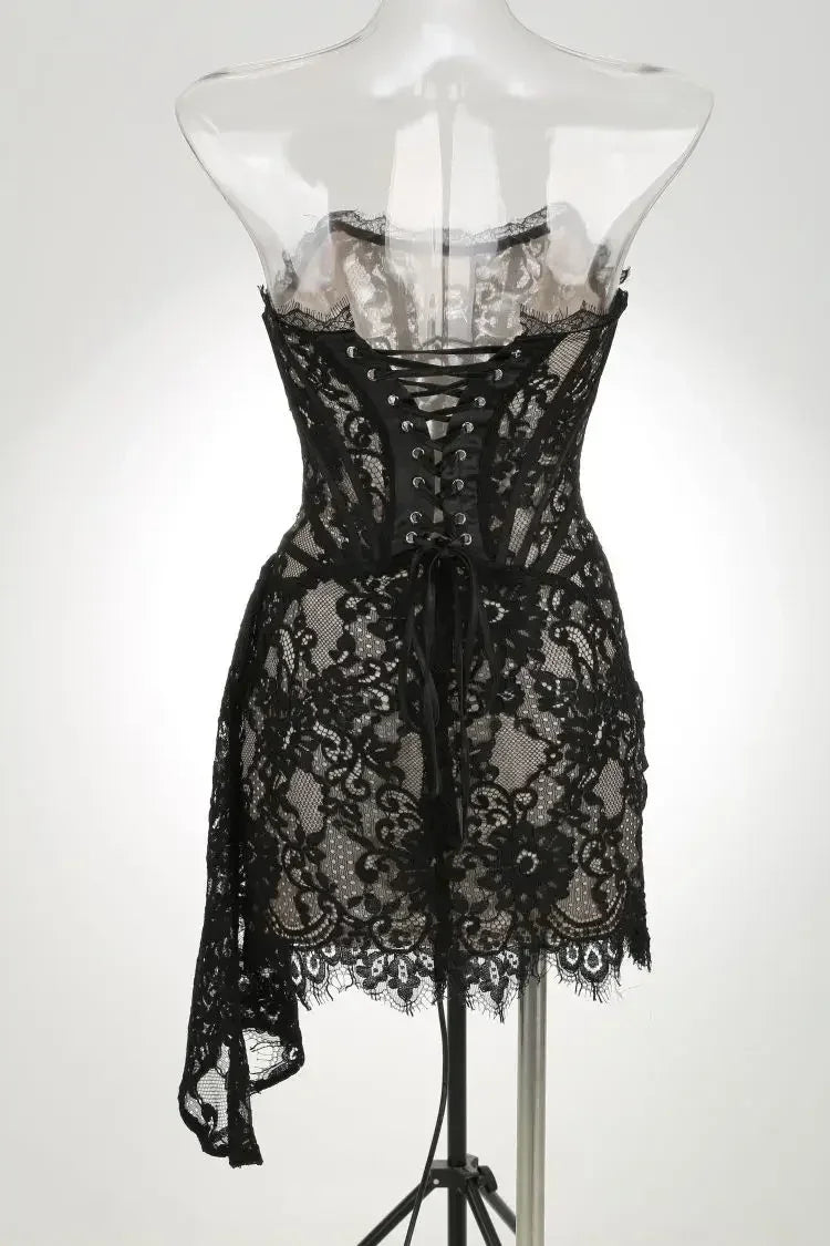 TARUXY Sexy Lace See-through Patchwork Corset Dress Female Bodycon Elegant Party MIrrgualr Mini Dress Women Tube Top Dress New Femstylo