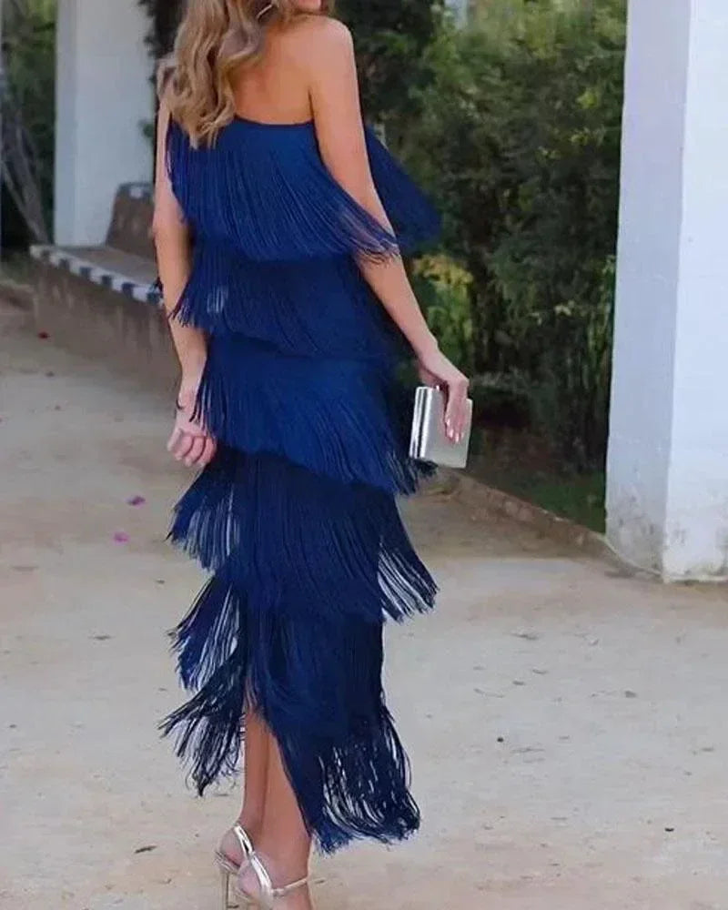 Spring and Summer New Fashion Fringed Slanted Shoulder Asymmetrical Dress for Women Femstylo