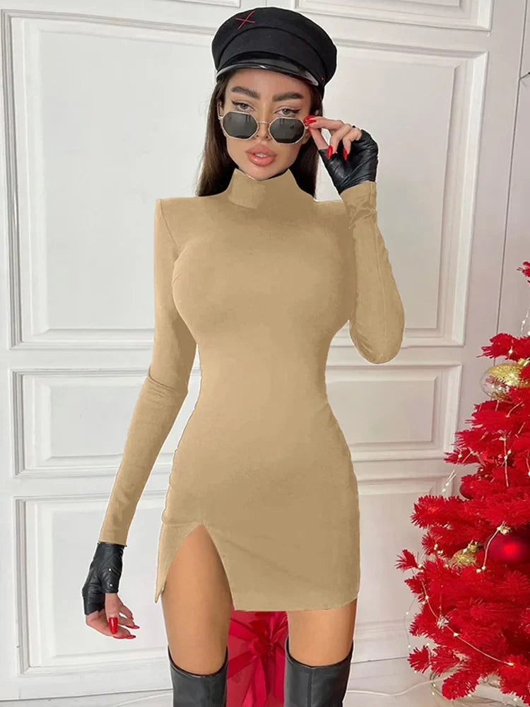 Women Spring Autumn Long Sleeve Bodycon Soild Color Black Slim Package Hip Mini Dress Female Clothing Streetwear Urban Fashion Icon