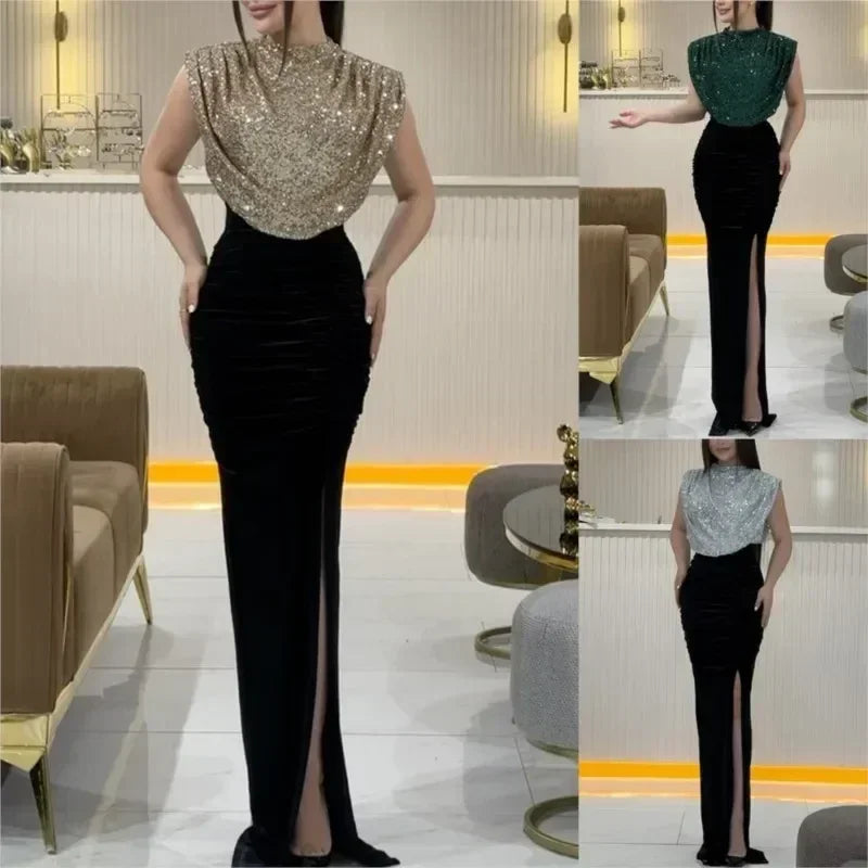 Lady Fashion Sleeveless Draped Split Dress Casual O Neck Sequin Splicing Party Dress 2025 New Year Elegant High Waist Long Dress Femstylo