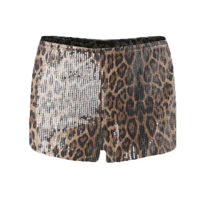 WhereMery Retro Leopard Print Seguins Shiny Chic Short Pants Y2K Spring Women's Fashion Night Club Streetwear Women Mini Bottoms Femstylo