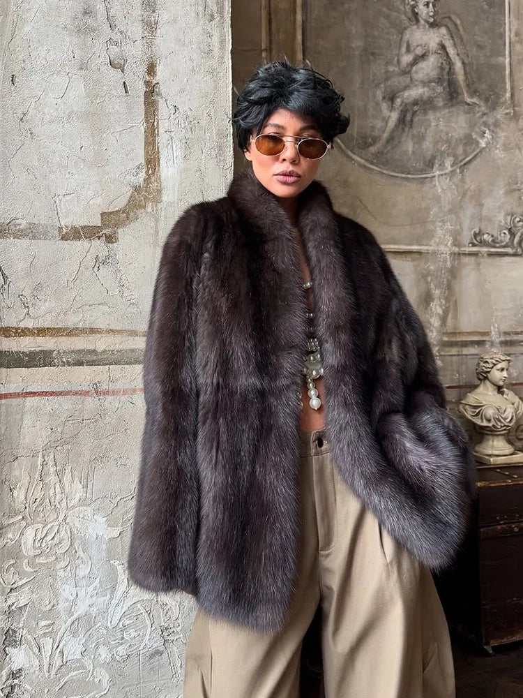 Solid Medium-length Fur Coat Women Elegant Lapel Hidden Button Loose Outerwear 2025 Winter New Office Lady Commute Overcoat Urban Fashion Icon