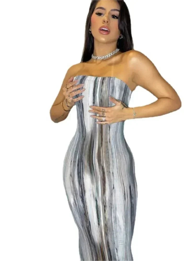 Spring And Summer Dresses For Women Chest Wrap Printed Off Shoulder Bandage Slim Sexy Long Dress 2023 New Fashion party MsChuh Femstylo
