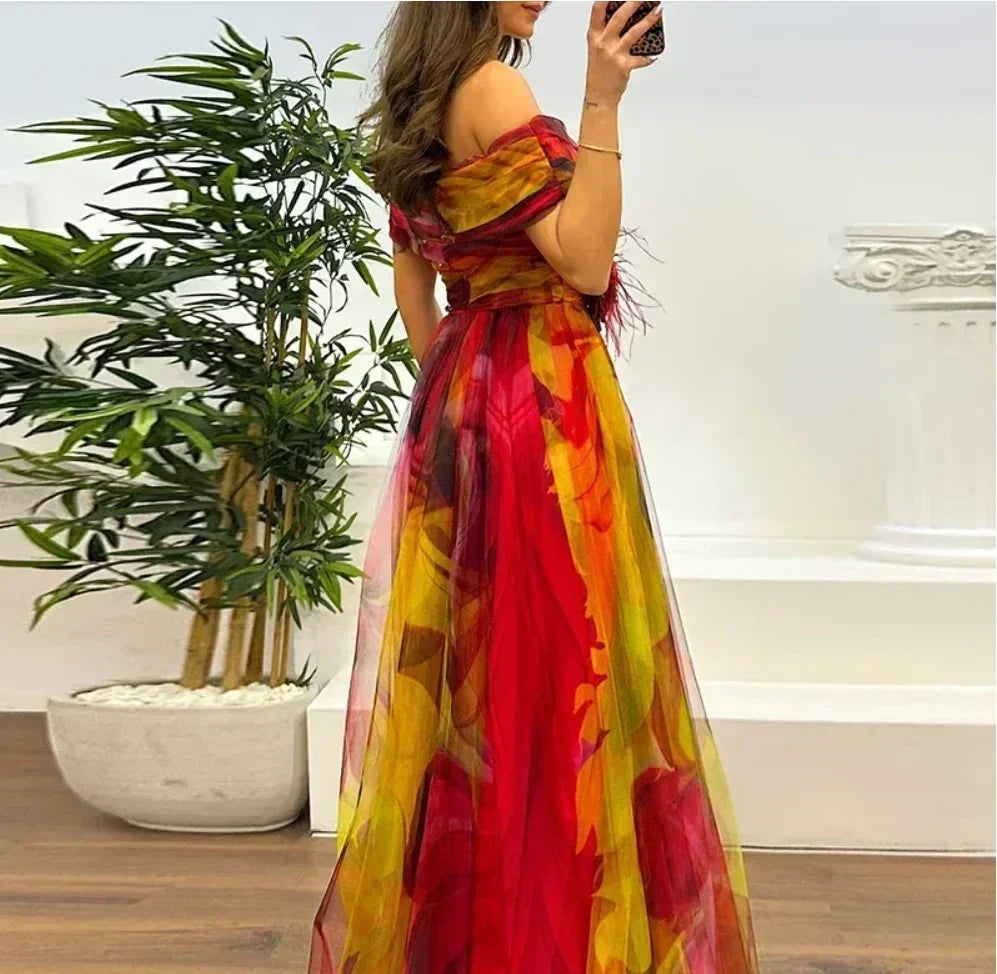 Women 2025 Pattern High Waist Party Dress Sexy Slit Mesh Cocktail Gala Dress Fashion One Shoulder Female Pleated Evening Dress Femstylo
