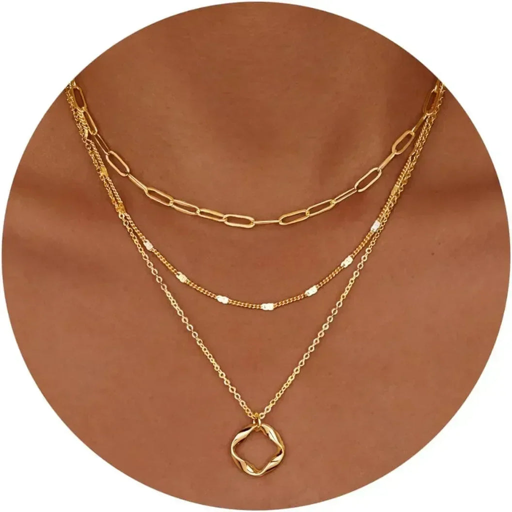 Layered Gold Necklaces for Women Stackable14K Gold Silver Plated Circle Paperclip Chain Pendant Choker Necklace Set For Woman Femstylo