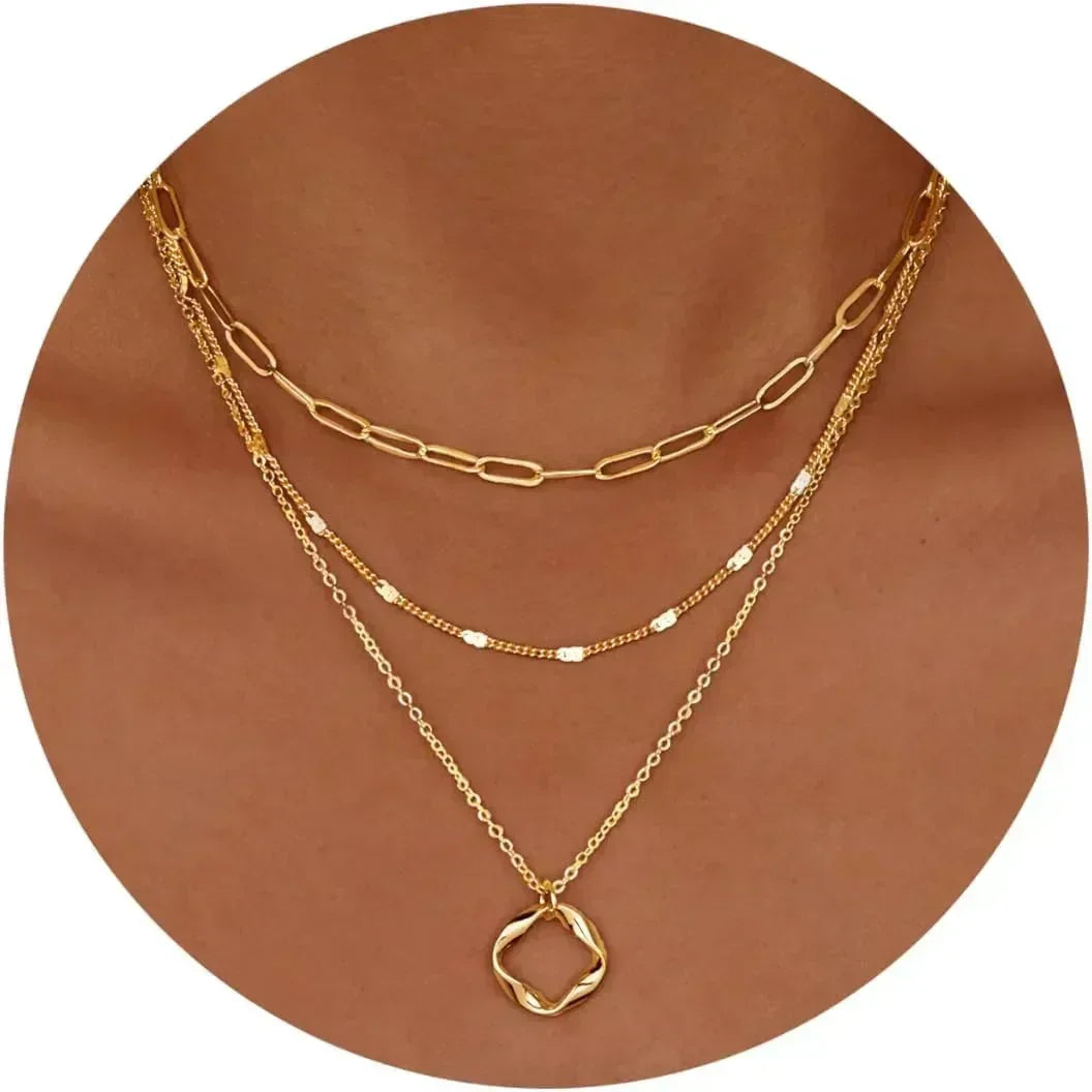 Layered Gold Necklaces for Women Stackable14K Gold Silver Plated Circle Paperclip Chain Pendant Choker Necklace Set For Woman Femstylo
