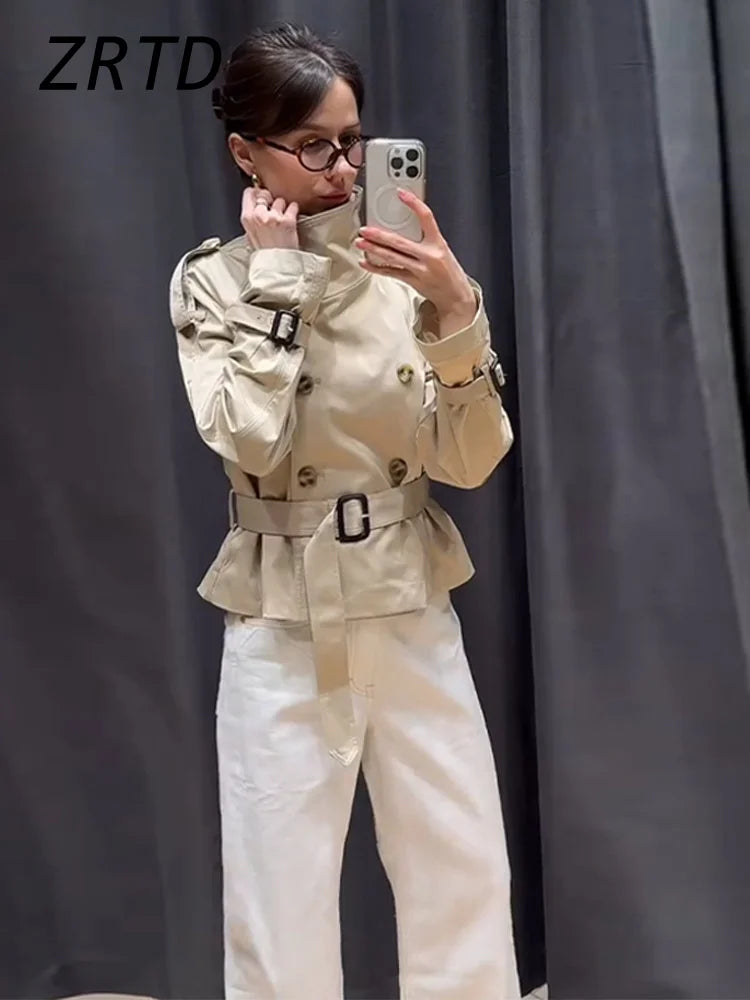 Fashion Women's Short Belt Jackets Turtleneck Double Breasted Full Sleeve Female Trench Coats 2025 Autumn Lady Commute Outwear Urban Fashion Icon