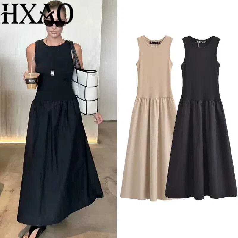 HXAO Women's Black Long Dresses 2025 Spring Sleeveless Elegant Dresses Fashion Casual Vintage Party Khaki Dresses Vestidos Urban Fashion Icon