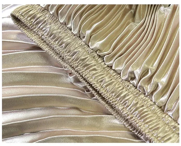Classic Golden Velvet Pleated Skirt High Waist Retro Style Fashion Office Lady Pleated Long Skirt Winter Velvet Skirt 90cm Long Femstylo