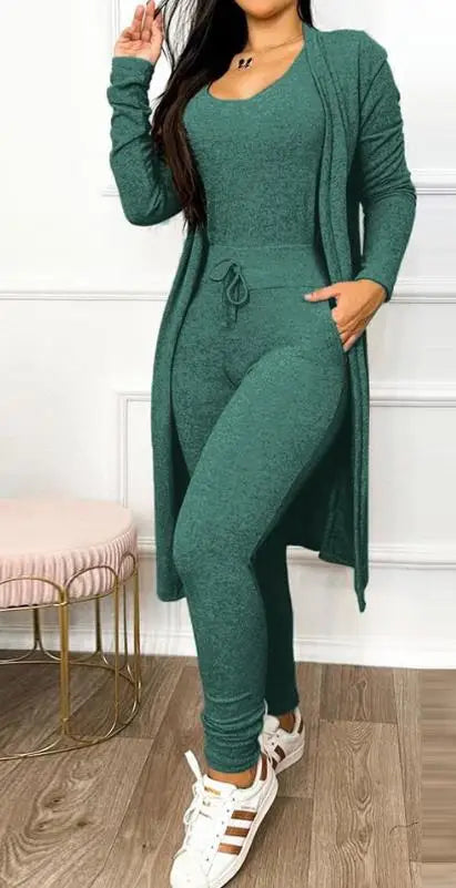 Two Piece Set Women Outfit 2023 Spring Fashion Drawstring Pocket Design U-Neck Sleeveless Skinny Jumpsuit & Long Sleeve Coat Set Urban Fashion Icon