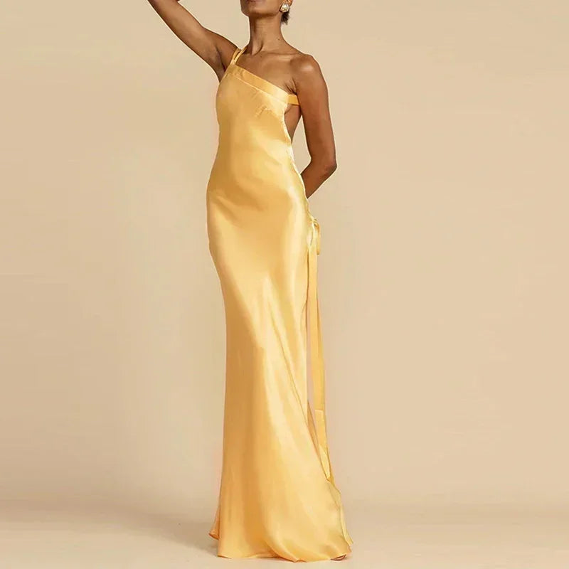 2024 Spring Sexy Inclined Shoulder Party Dress Women High Waist Satin Boho Long Dress Summer Backless Hollow Bandage Maxi Dress Femstylo