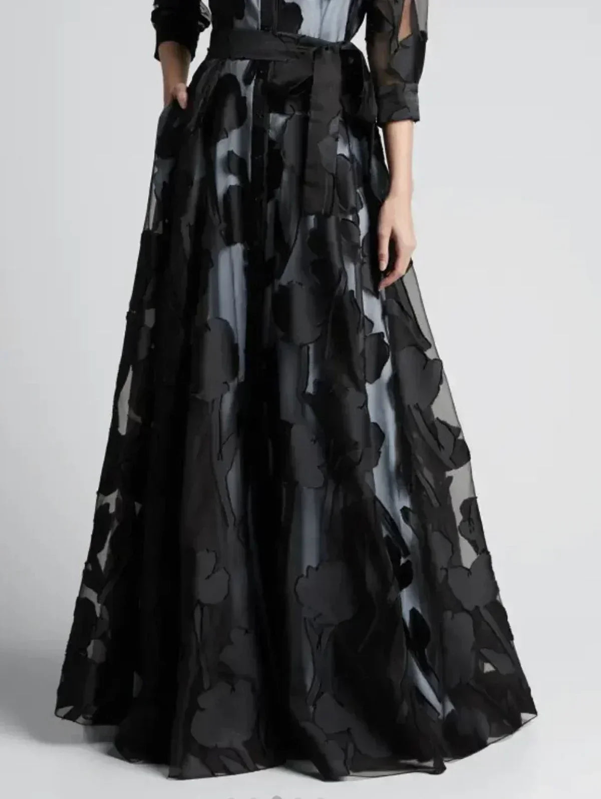 Elegant Three-Quarter Sleeve Knotted Waist Jacquard Mesh Maxi Dress for Women No Lining Transparent Club Party Long Dress Femstylo