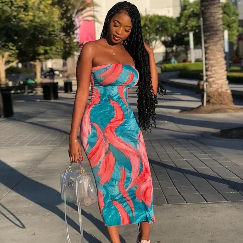 Spring And Summer Dresses For Women Chest Wrap Printed Off Shoulder Bandage Slim Sexy Long Dress 2023 New Fashion party MsChuh Femstylo