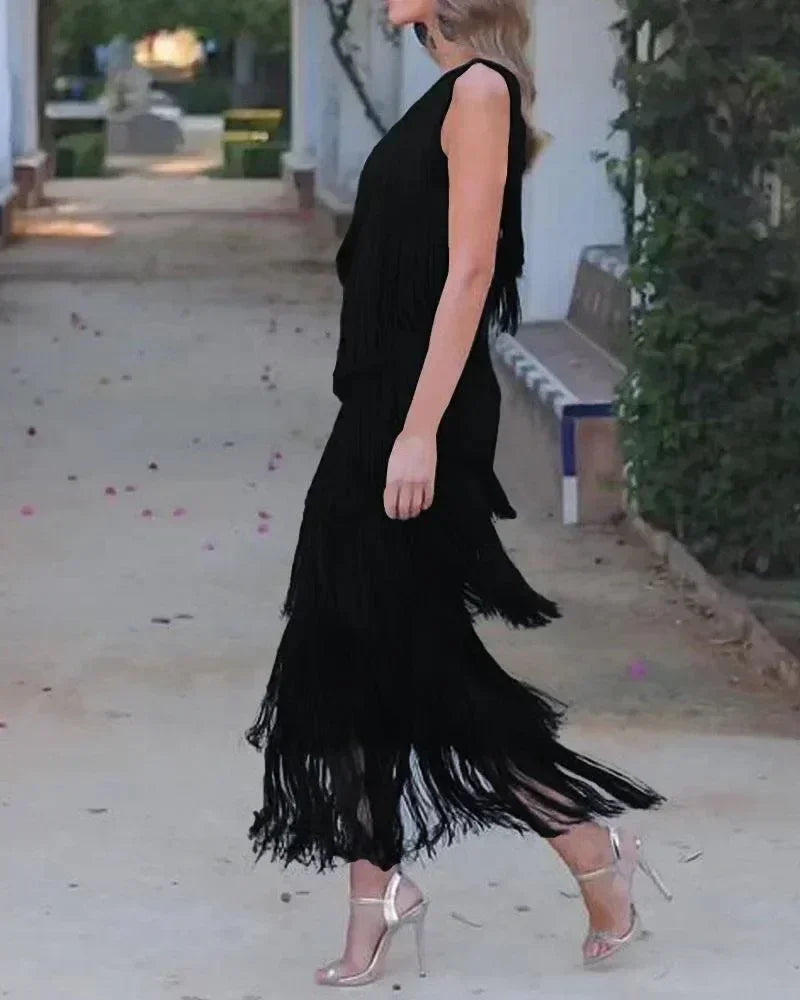 Spring and Summer New Fashion Fringed Slanted Shoulder Asymmetrical Dress for Women Femstylo