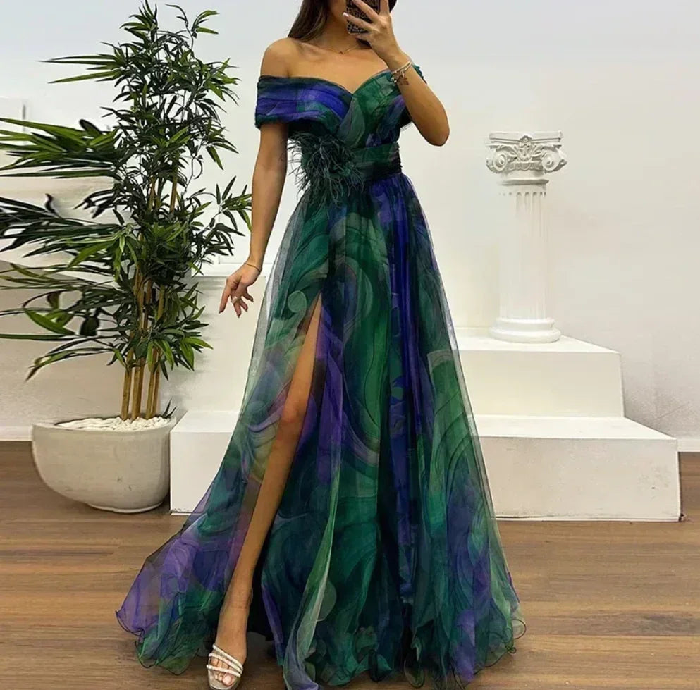Women 2025 Pattern High Waist Party Dress Sexy Slit Mesh Cocktail Gala Dress Fashion One Shoulder Female Pleated Evening Dress Femstylo