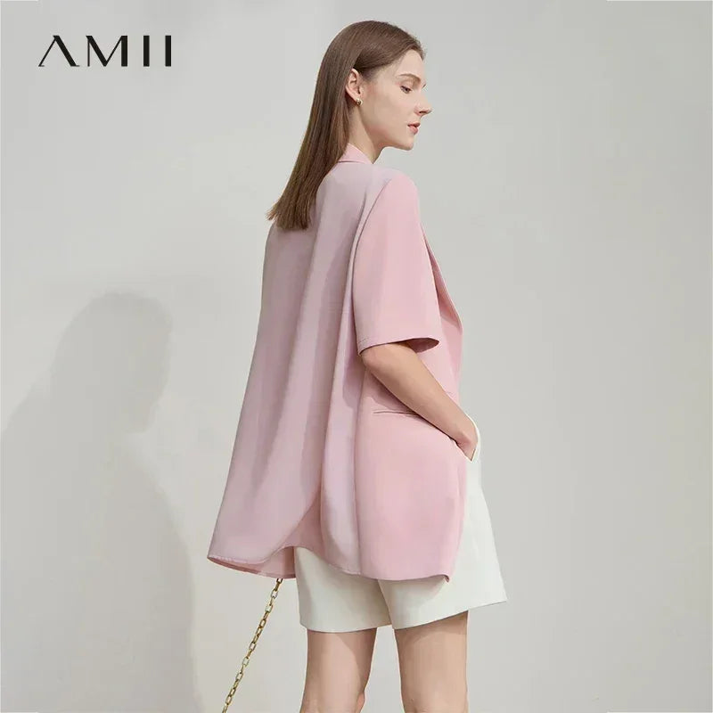 Amii Women's Top Minimalist 2025 Summer New Notched Lapel Contrast Material Patchwork One Button Short Sleeve Blazer 12542081 Femstylo