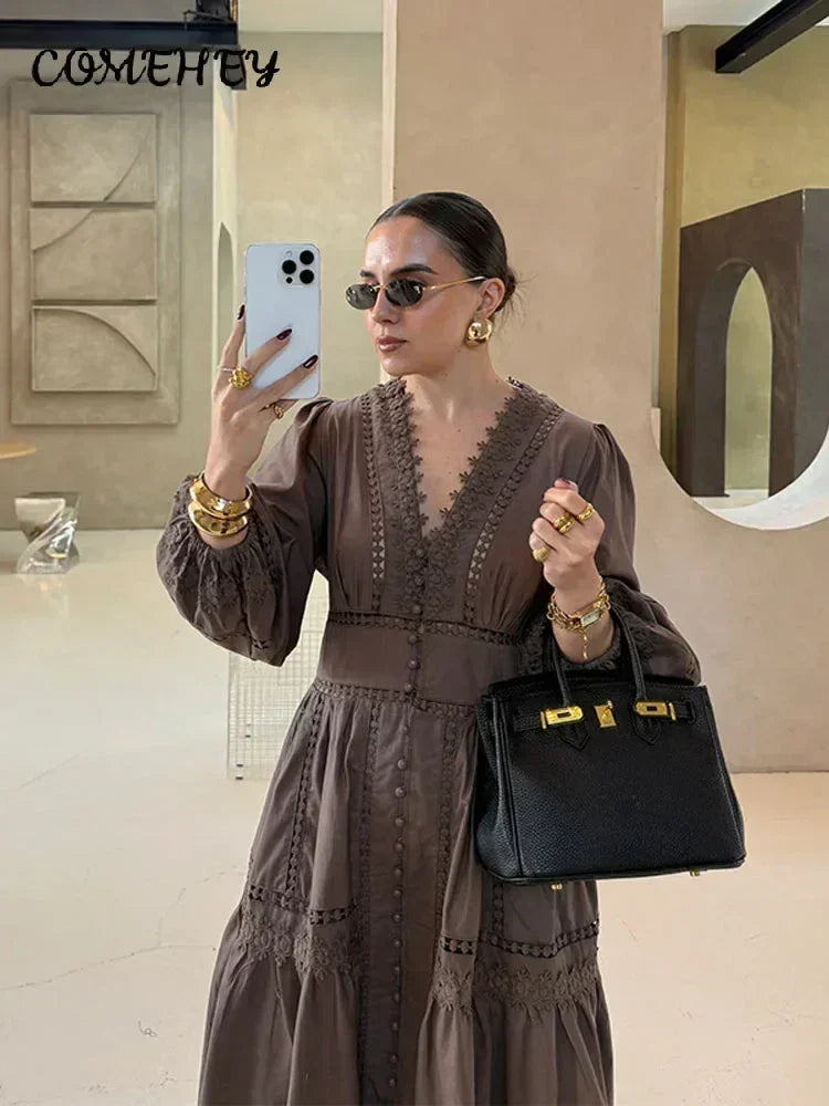 Elegant Lace Patchwork Hollow Out Dress Women Solid V-neck Long Lantern Sleeve Loose Dresses 2025 Spring Vacation Lady Robes Femstylo