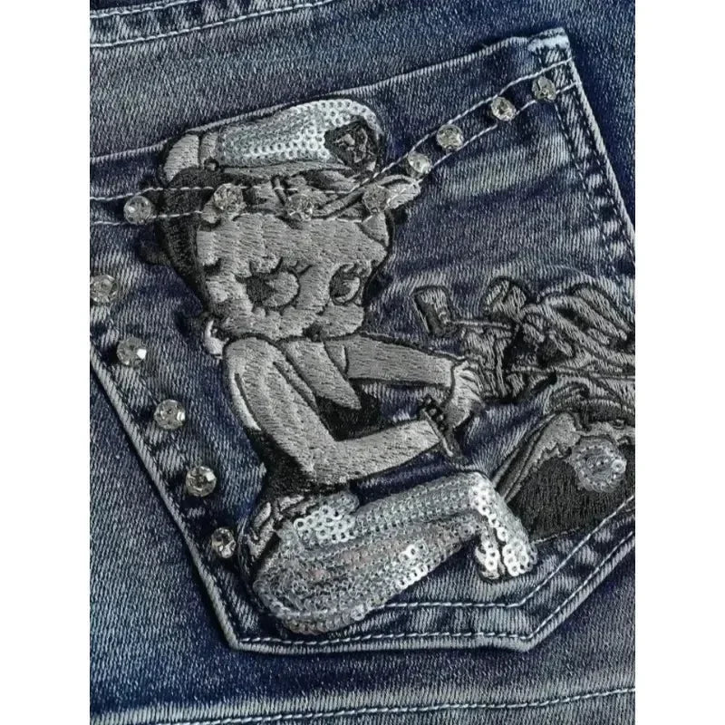 Kawaii cartoon character pocket embroidery high-quality slim denim shorts for women summer nightclub hip design casual y2k short Femstylo