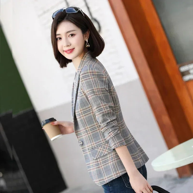 Gray Striped Plaid Blazer Jacket Women's Fashion Slim Coats V-Neck Single Button Ladies Blazers S-XXXXXL Femstylo
