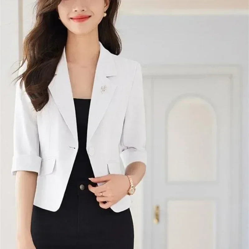 Black Women Blazer Slim Blazer Office Lady Work Suit Cropped Jacket Spring Summer Short Top Design Casual Coats Mujer One Button Femstylo