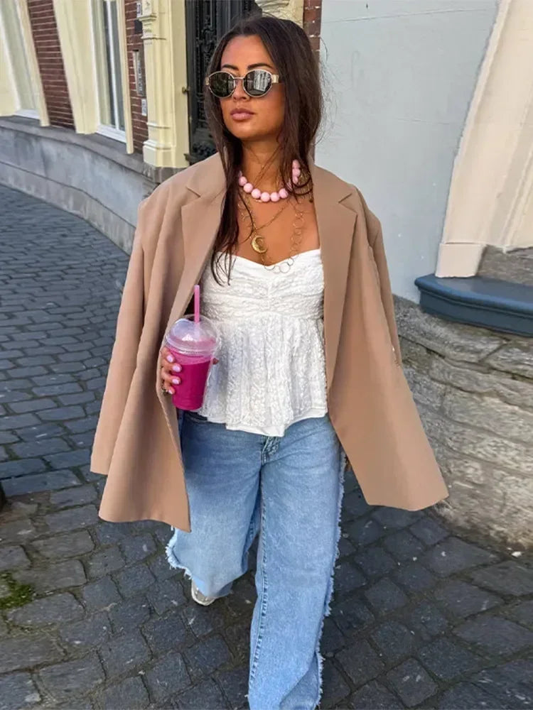 Women's V-Neck Side-Buttoned Suit Jacket Long Sleeve Solid Color Coats Pocket Cuffs Oversize Tops High Street Female Clothes Femstylo