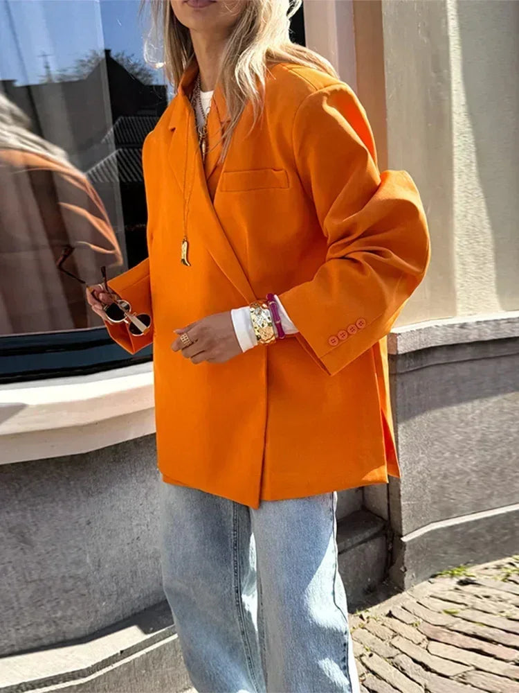 Women's V-Neck Side-Buttoned Suit Jacket Long Sleeve Solid Color Coats Pocket Cuffs Oversize Tops High Street Female Clothes Femstylo