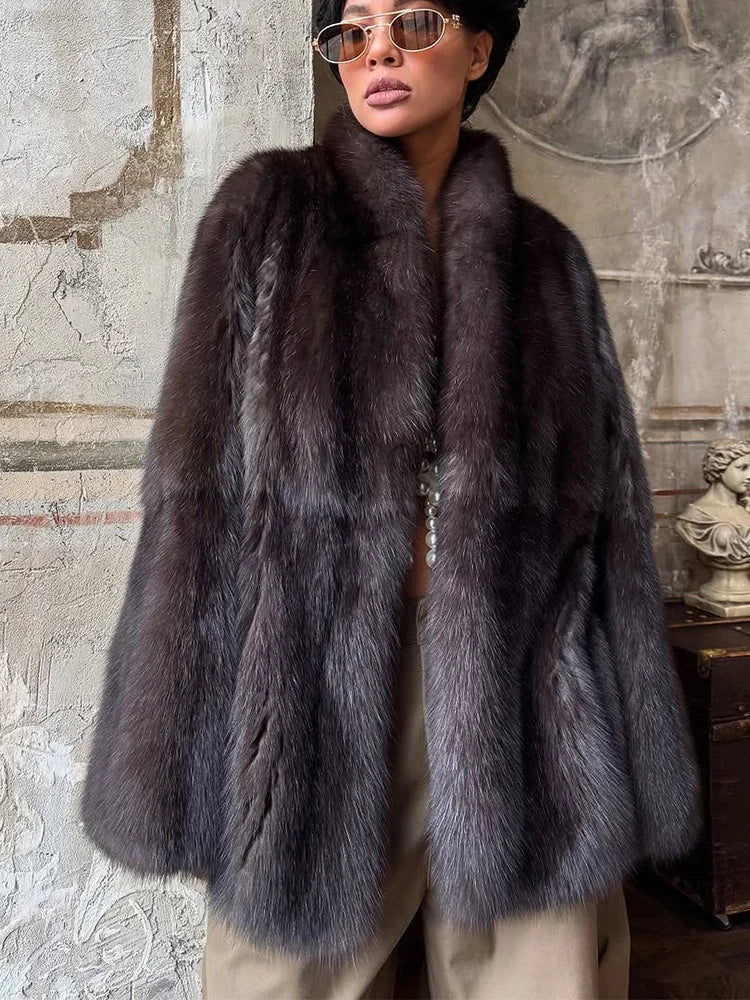 Solid Medium-length Fur Coat Women Elegant Lapel Hidden Button Loose Outerwear 2025 Winter New Office Lady Commute Overcoat Urban Fashion Icon