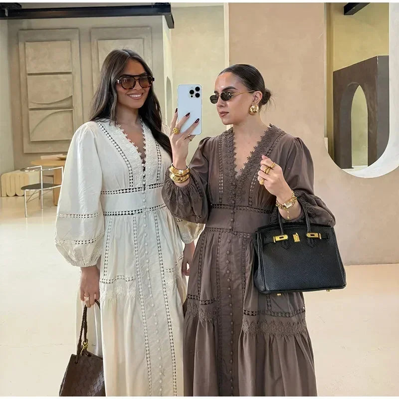 Elegant Lace Patchwork Hollow Out Dress Women Solid V-neck Long Lantern Sleeve Loose Dresses 2025 Spring Vacation Lady Robes Femstylo