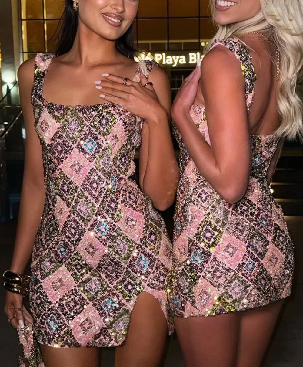 Colorful Rhombus Sequins Sexy Mini Dress Elegant Chic Straps Slit Bodycon Party Dresses Summer Holidays Evening Women Dress 2025 Femstylo
