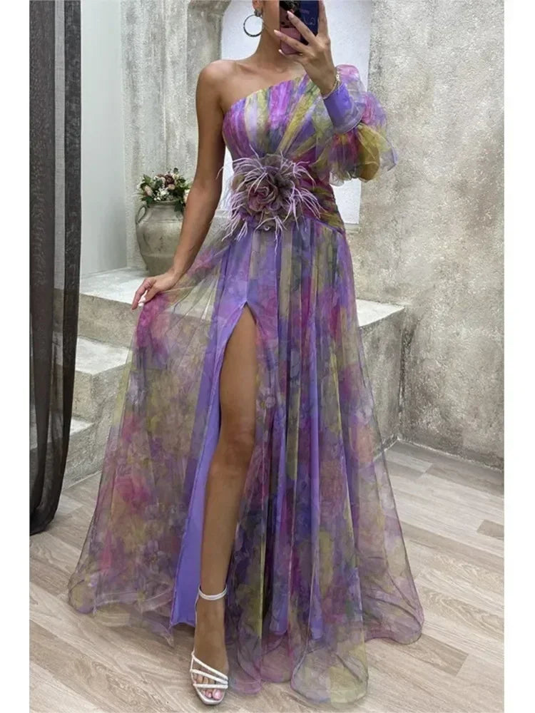 Elegant Oblique Shoulder Single-sleeve  Zipper High Slit Mesh Long Dress For Women Fashion Flower Decoration Party Dress Female Femstylo
