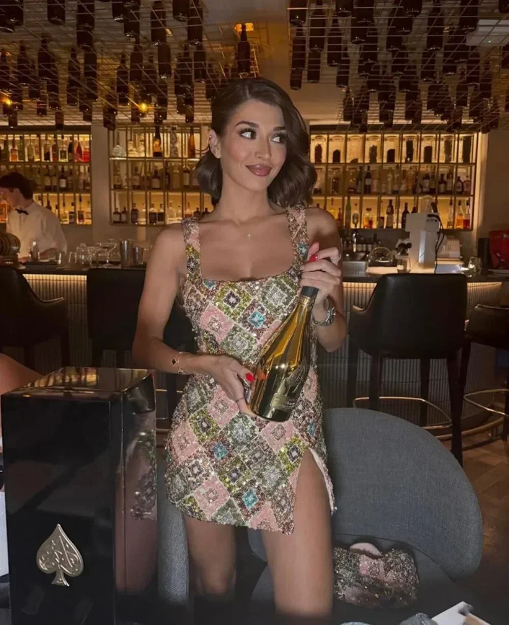 Colorful Rhombus Sequins Sexy Mini Dress Elegant Chic Straps Slit Bodycon Party Dresses Summer Holidays Evening Women Dress 2025 Femstylo