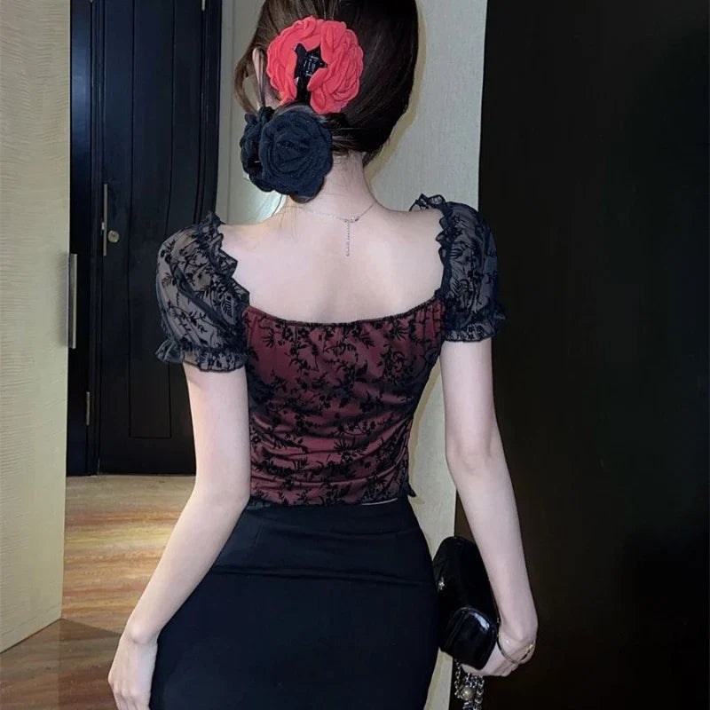 Blouses Women Lace Sexy Slim Tops Hot Girls Summer Stylish Short Puff Sleeve Seductive Backless Slash Neck Mesh Aesthetic Chic Urban Fashion Icon