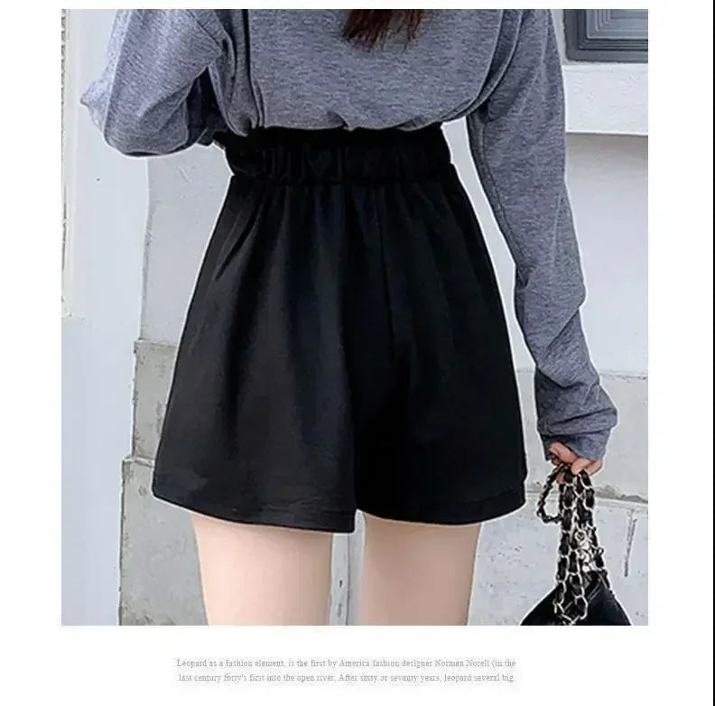 Summer Lightweight Black Casual Sports Pants Women Student Loose High-Waist Wide-Leg Shorts Femstylo