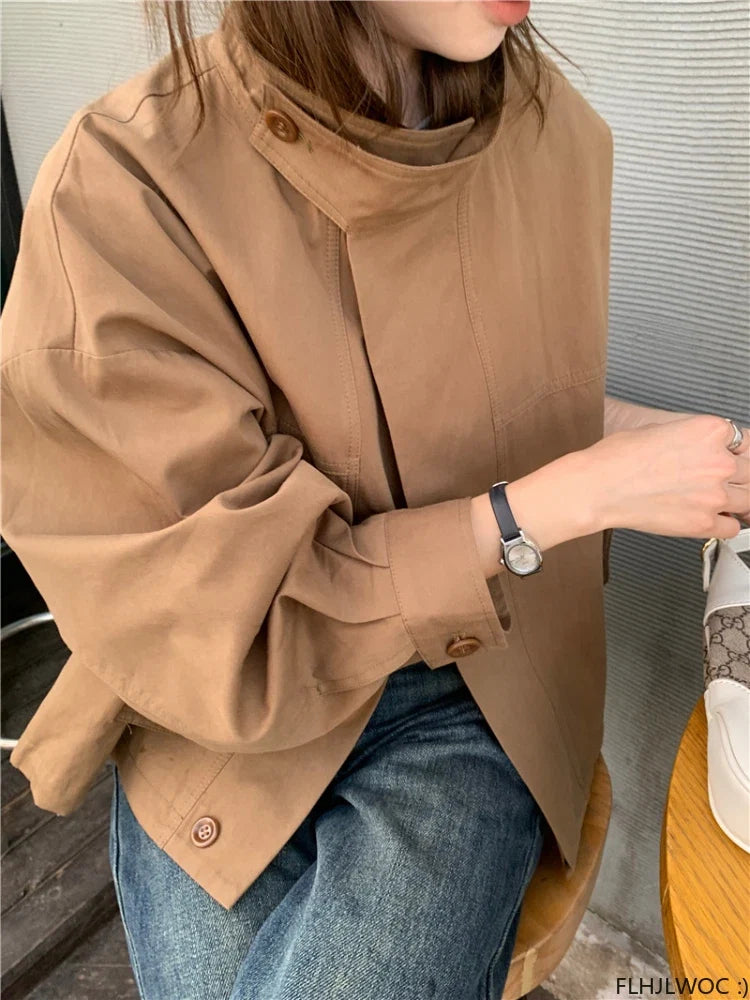 Korea Short Outerwear Woman Casual Loose Lazy Chic Long Sleeve Cotton Blends Windbreaker Coats Thin Thench Urban Fashion Icon