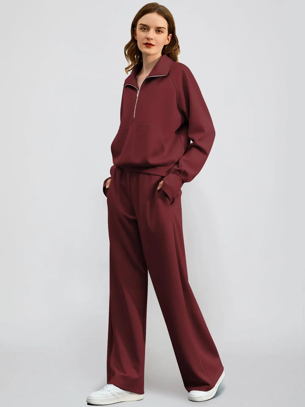 Woman Solid Color Half Zip Long Sleeve Sweatshirt and Wide Leg Pants Set Casual Sporty Two Piece Outfit Urban Fashion Icon