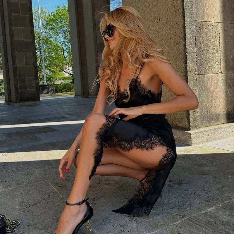 MUJER 2025 Lace Slip Dress Woman Black Backless Short Dresses for Women Asymmetric Party Women's Summer Dress Satin Sexy Dresses Urban Fashion Icon