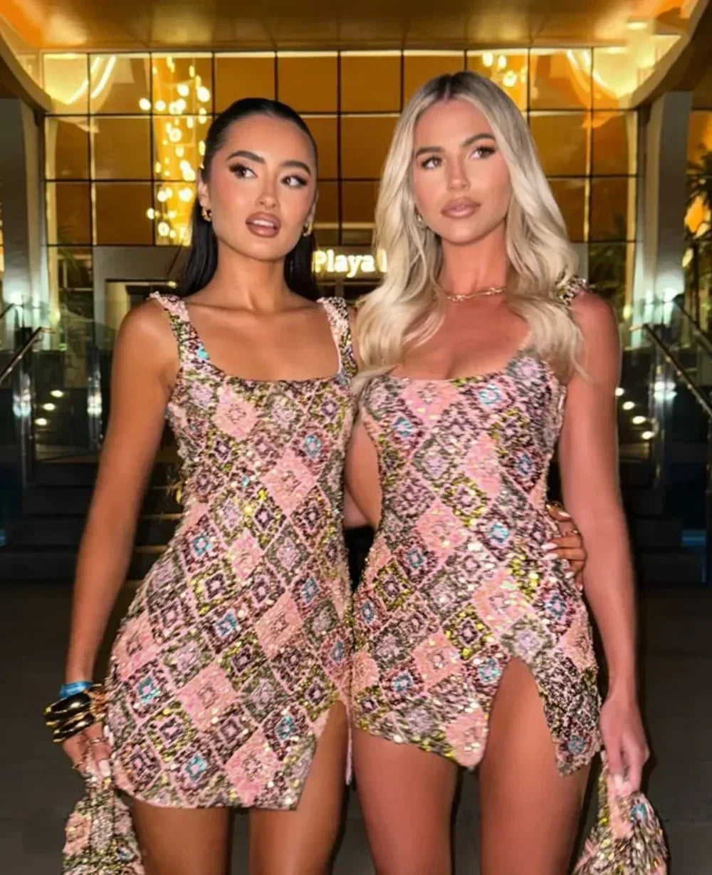 Colorful Rhombus Sequins Sexy Mini Dress Elegant Chic Straps Slit Bodycon Party Dresses Summer Holidays Evening Women Dress 2025 Femstylo