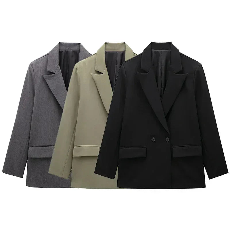 Willshela Women Fashion With Pockets Solid Double Breasted Blazer Vintage Long Sleeves Notched Neck Female Office Lady Outfits Femstylo