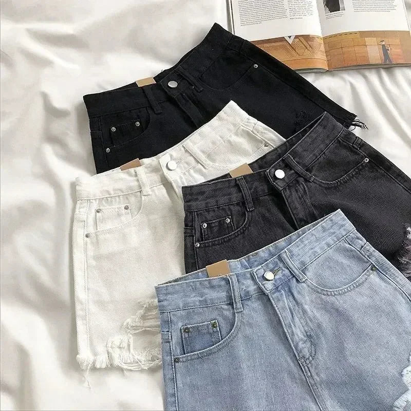 Korean Denim Shorts Women Summer Fashion Casual High Waist Ripped Jeans Pocket Tassel Y2K Hot Pants Streetwear Blue Trousers Femstylo