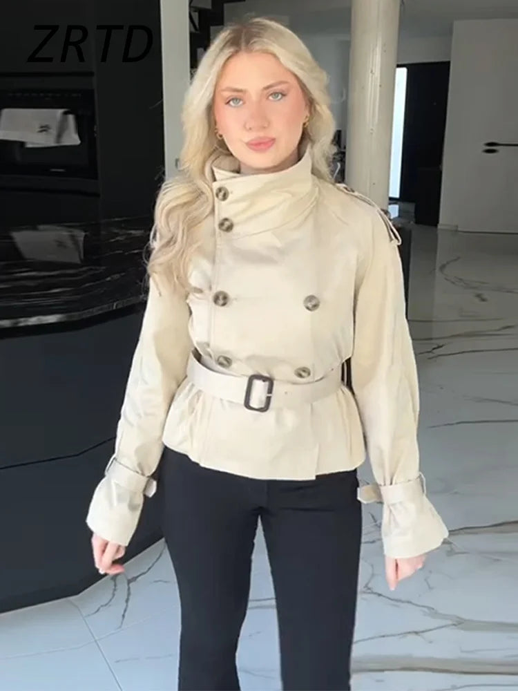 Fashion Women's Short Belt Jackets Turtleneck Double Breasted Full Sleeve Female Trench Coats 2025 Autumn Lady Commute Outwear Urban Fashion Icon
