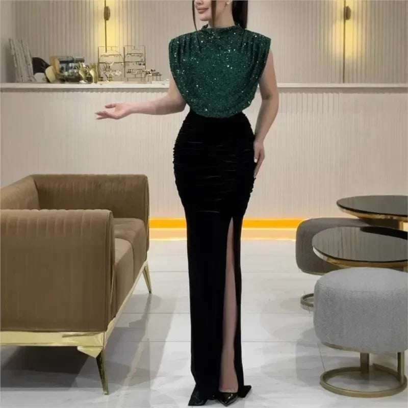 Lady Fashion Sleeveless Draped Split Dress Casual O Neck Sequin Splicing Party Dress 2025 New Year Elegant High Waist Long Dress Femstylo