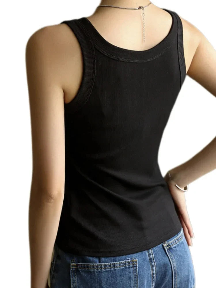 Women Square Collar Wide Straps Fitness Sexy Knitted Tank Top Camisole Solid Color Breathable Cool Vest Summer Trend Tops Female Urban Fashion Icon